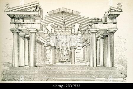 Intérieur d'un temple grec après Durm. Une restauration montrant la structure intérieure en partie basée sur le temple d'Athéna à Aegina cette illustration de la fin des années 1800 montre une vue reconstruite de l'intérieur d'un temple grec ancien. La statue ici représente une figure assise de Zeus, honorée par les Grecs anciens comme le roi des dieux. Banque D'Images