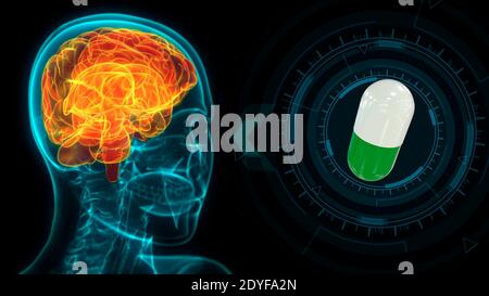 Illustration médicale 3D - image de la tête humaine de roentgen avec mise en évidence cerveau et comprimé médical Banque D'Images