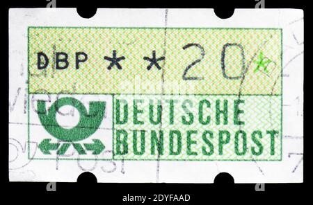 MOSCOU, RUSSIE - 22 FÉVRIER 2019 : un timbre imprimé en Allemagne, République fédérale montre la corne de poste, DBP Bold, ATM Labels série, vers 1992 Banque D'Images