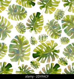 Feuilles tropicales exotiques. Motif sans couture sur fond blanc isolé. Papier peint à imprimé d'art de plage tendance. Illustration aquarelle Banque D'Images