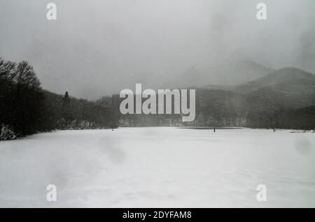 Bassin Kagami-ike dans la préfecture de Nagano au Japon. En hiver, la neige tombe couverte à la surface de l'eau et elle est belle. Banque D'Images