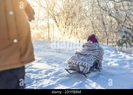 Maman tire un enfant sur un traîneau marchant sur un hiver givré Sunny jour hors des portes. Bébé enveloppé dans une couverture sur un traîneau Banque D'Images