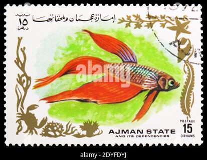 MOSCOU, RUSSIE - 25 MAI 2019: Timbre-poste imprimé à Ajman montre poisson Kemp, série de poissons tropicaux (I), vers 1972