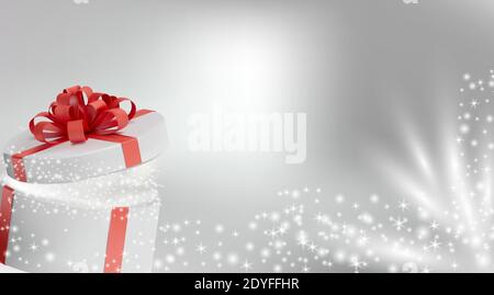 Boîte cadeau dans un ruban rouge et noeud sur le dessus. Boîte ronde cadeau avec paillettes brillantes et rayons de lumière brillants. Objets de décoration de célébration. Illustration vectorielle. Illustration de Vecteur