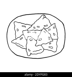 Doodle samosa dessiné à la main par un vecteur. Plat de cuisine indienne. Design sketch élément pour menu café, restaurant, étiquette et emballage. Illustration sur une ba blanche Illustration de Vecteur