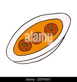 Doodle Vector dessiné à la main malai kofta. Plat de cuisine indienne. Design sketch élément pour menu café, restaurant, étiquette et emballage. Illustration colorée Illustration de Vecteur