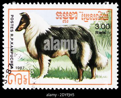 MOSCOU, RUSSIE - 25 MAI 2019: Timbre-poste imprimé à Kampuchea (Cambodge) montre le Collie rugueux (Canis lupus familiaris), série de races de chiens, vers 1987 Banque D'Images