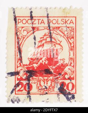 MOSCOU, RUSSIE - 15 JUILLET 2019: Timbre-poste imprimé en Pologne montre Galleon, navire d'Etat, monuments et série de Galleons, vers 1926 Banque D'Images