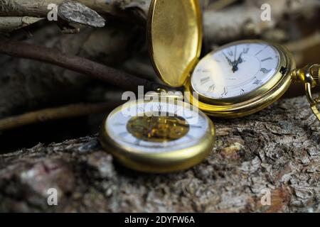 Viersen, Allemagne - Mai 9 .2020: Macro gros plan de deux montres de poche anciennes isolées dorées avec mouvement en filigrane horloge, couvercle, chaîne sur naturel b Banque D'Images