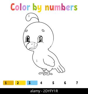 Color by numbers. Coloring book for kids. Cheerful character. Vector illustration. Cute cartoon style. Hand drawn. Fantasy page for children. Isolated Stock Vector