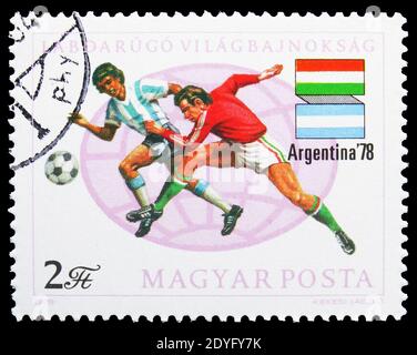 MOSCOU, RUSSIE - 19 JUILLET 2019 : timbre-poste imprimé en Hongrie montre la coupe du monde de football 1978, Argentine, série, vers 1978 Banque D'Images
