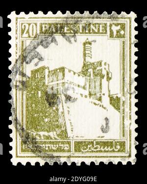 MOSCOU, RUSSIE - 19 JUILLET 2019 : le timbre-poste imprimé en Palestine montre la Citadelle de Jérusalem (XVIe-14e siècle av. J.-C.), numéro définitif 'Pictorials' 1927 Banque D'Images