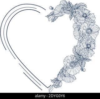 Cadre dessiné à la main avec couronne fleurie et coquelicots en forme de coeur. Illustration vectorielle monochrome isolée sur fond blanc. Modèle pour les invitations, les cartes de vœux, les devis, les affiches et plus encore. Illustration de Vecteur