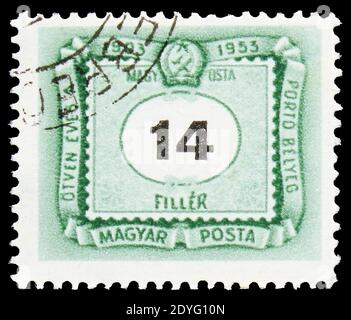 MOSCOU, RUSSIE - 19 JUILLET 2019: Timbre-poste imprimé en Hongrie montre Postage due, série, vers 1953 Banque D'Images
