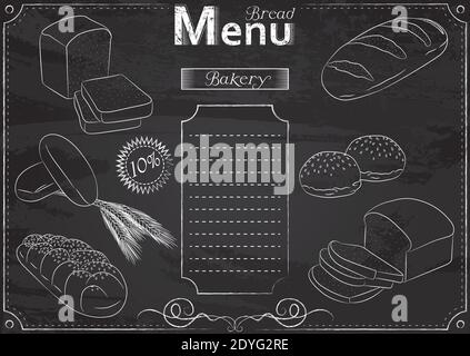 Modèle vectoriel avec éléments de pain pour le menu stylisé comme dessin à la craie sur tableau noir.Design pour un restaurant, un café ou un bar Illustration de Vecteur