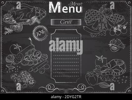 Modèle vectoriel avec éléments de viande pour menu stylisé comme dessin de craie sur tableau noir.Design pour un restaurant, un café ou un bar Illustration de Vecteur