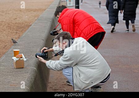 Portobello, Édimbourg, Écosse, Royaume-Uni. 26 décembre 2020. Le lendemain de Noël, avant la pluie, a lieu à 11:00. Température de 5 degrés centigrade sensation réelle -2 degrés. Deux photographes photographiant la nourriture et les boissons pour le site Internet du café Beach House, qui sont ouverts. Portobello Beach est actuellement recommandé dans les dix premières minutes du dernier film de George Clooney, Midnight Sky, 'il ya un endroit appelé Portobello Beach ... C'est si beau, vous devriez y aller juste au large de la côte, près de Edinburgh crédit: Arch White/Alay Live News. Banque D'Images