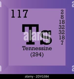 Tableau périodique des éléments chimiques de Tennessine. Illustration à vecteur unique, icône d'élément avec masse molaire, nombre atomique et cont. D'électrons. Illustration de Vecteur