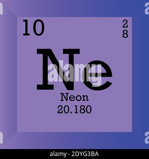 Tableau périodique des éléments chimiques du néon ne. Illustration à vecteur unique, icône d'élément avec masse molaire, nombre atomique et cont. D'électrons. Illustration de Vecteur