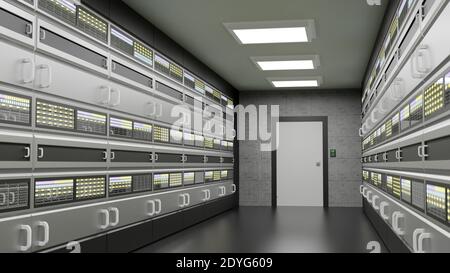 Salle de serveurs sécurisée, centre de données, intérieur des installations de cloud computing, beaucoup de racks de serveurs, salle de plusieurs ordinateurs vue de l'intérieur. Hébergement Web, cloud Banque D'Images