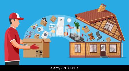 Bâtiment avec des choses à la maison à l'intérieur et un homme motionnaire. Déménagement dans une nouvelle maison. La famille a déménagé dans une nouvelle maison. Boîtes contenant des marchandises. Transport par forfait. Ordinateur, lampe, vêtements, livres. Illustration vectorielle plate Illustration de Vecteur
