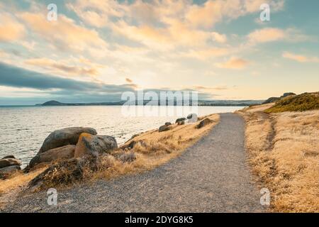 Encounter bay at dusk  at dusk viewed from Granite Island, South Australia Stock Photo