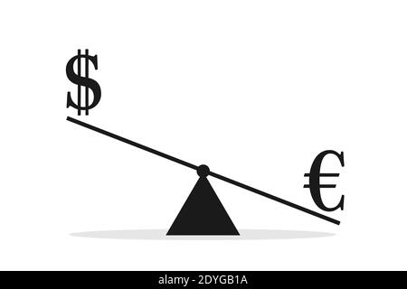 LE dollar AMÉRICAIN et l'euro sont comparés en fonction du poids et de l'échelle. Comparaison de la valeur et de l'évaluation de la devise. Illustration vectorielle isolée sur blanc. Banque D'Images