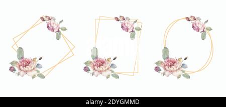 Ensemble roses blanches et bleues, fleurs de pivoine et de lilas et feuilles vertes invitation de mariage, fleurs roses avec feuilles et carte d'invitation de fleurs, bouquet avec Banque D'Images