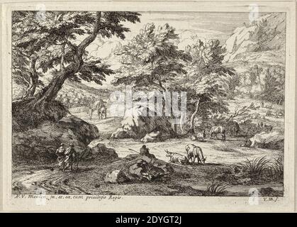 Landschap met twee wandelende figuren Liens, midden een herder met vee, linksachter een ruiter te paard en wandelaar. Banque D'Images
