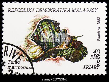 MOSCOU, RUSSIE - 8 AOÛT 2019 : le timbre-poste imprimé à Madagascar montre le Turban vert (Turbo marmoratus), série de mollusques, vers 1993 Banque D'Images