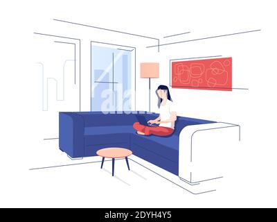 Illustration vectorielle représentant une jeune fille dans un intérieur moderne utiliser un ordinateur portable tout en étant assis sur un canapé Illustration de Vecteur