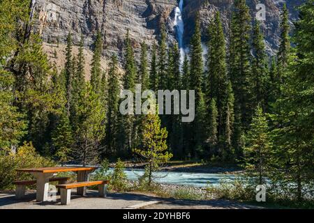 Banc en bois près de la rivière Yoho au-dessus de la chute d'eau des chutes Takakkaw par une journée ensoleillée d'été. Parc national Yoho, Rocheuses canadiennes, Colombie-Britannique, Canada. Banque D'Images