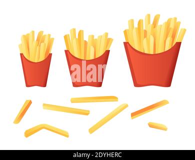 Frites salées dans des boîtes en papier rouge de différentes tailles repas rapide plat illustration vectorielle isolée sur fond blanc. Illustration de Vecteur