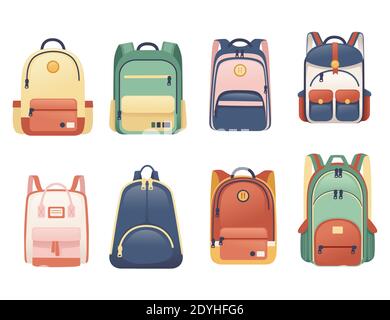 Ensemble de sacs d'école différentes tailles et formes illustration vectorielle plate sur fond blanc. Illustration de Vecteur