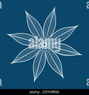 Fleur vectorisée simple contourage. Mise en plan linéaire. Élément blanc sur fond bleu. Illustration de Vecteur