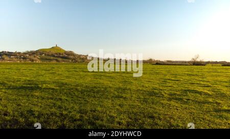 Vue en début de matinée de Glastonbury Tor dans un champ de Somerset à l'heure d'or. Banque D'Images