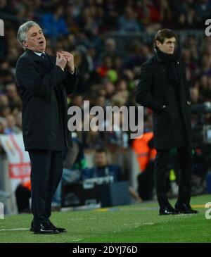 Carlo Ancelotti, l'entraîneur du PSG, et Tito Vilanova, l'entraîneur de Barcelone, lors du match de deuxième pied de la Ligue des champions de l'UEFA, le FC Barcelone contre Paris Saint-Germain, au stade Camp Nou de Barcelone, en Espagne, le 10 avril 2013. Photo de Christian Liewig/ABACAPRESS.COM Banque D'Images