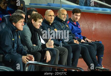 L'entraîneur de Barcelone, Tito Vilanova et Lionel Messi, lors du match de deuxième pied de la Ligue des champions de l'UEFA, le FC Barcelone contre Paris Saint-Germain au stade Camp Nou de Barcelone, Espagne, le 10 avril 2013. Photo de Christian Liewig/ABACAPRESS.COM Banque D'Images