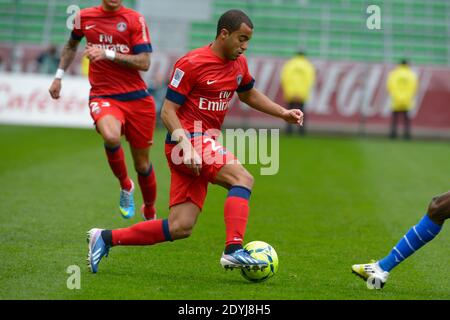 Lucas Moura du PSG lors du match de football de la première Ligue française, Troyes vs PSG à Troyes, France, le 13 avril 2013. PSG a gagné 1-0. Photo de Henri Szwarc/ABACAPRESS.COM Banque D'Images
