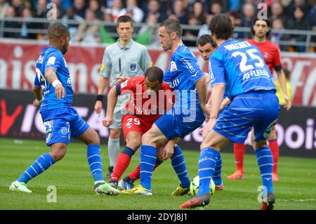 Lucas Moura du PSG lors du match de football de la première Ligue française, Troyes vs PSG à Troyes, France, le 13 avril 2013. PSG a gagné 1-0. Photo de Henri Szwarc/ABACAPRESS.COM Banque D'Images
