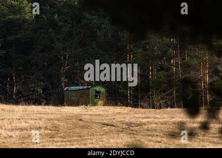 Il y a longtemps, la remorque abandonnée oubliée dans les bois contraste élevé paysage d'automne avec espace de copie pour publicité textuelle Banque D'Images