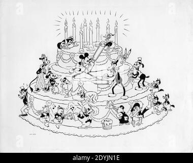 MICKEY MOUSE DE WALT DISNEY célèbre son 8e anniversaire en 1936 Sur un gâteau géant avec d'autres personnages de Disney, dont DONALD DUCK MINNIE MOUSE DINGO TROIS PETITS COCHONS ET LE GROS MAUVAIS Publicité WOLF pour Walt Disney Productions / United Artists Banque D'Images