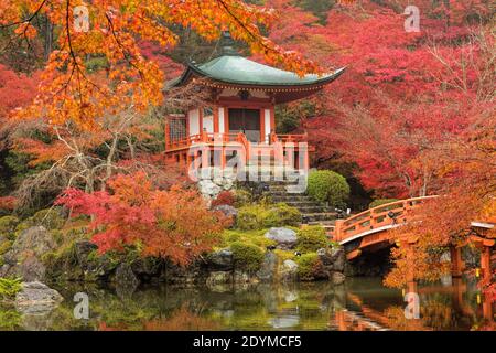 Bentendo Hall au temple Daigoji entouré de feuillage d'automne rouge jaune et orange. La pagode et le pont se reflètent dans l'étang Shinobazu. Banque D'Images
