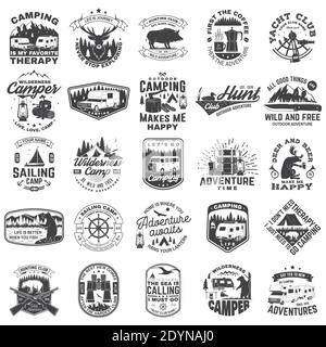 Ensemble de clubs de voile, club de chasse et badges de camping, patchs. Illustration vectorielle. Concept pour chemise ou logo, imprimé, timbre ou tee-shirt. Conception avec voile, autocaravane, silhouette de remorque de camping. Illustration de Vecteur