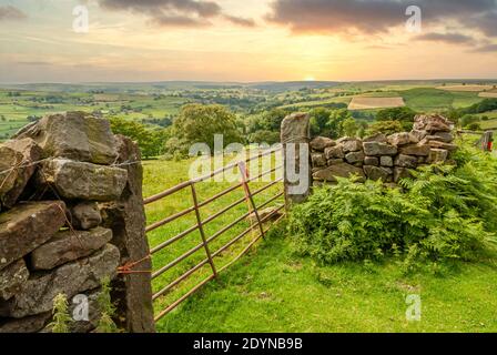 Mur en pierre sèche avec porte aux North York Moors ou North Yorkshire Moors dans le North Yorkshire, Angleterre Banque D'Images