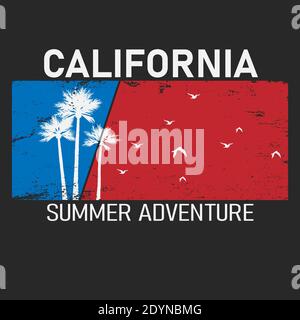 Motif California Palms Beach pour tee-shirt, imprimés. Emblème de style vintage. Ambiance rétro de voyage d'été, badge inhabituel. Étiquette Surf Adventure. Stock Illustration de Vecteur