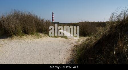 chemin menant à travers les dunes vers le phare historique de holum, ameland aux pays-bas, vuurtoren Banque D'Images