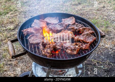 Des steaks assaisonnés de sel et de poivre sur un gril extérieur Banque D'Images