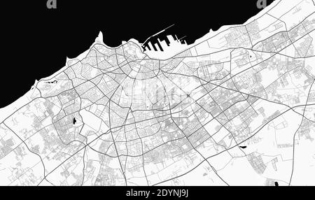 Carte de la ville urbaine de Tunis. Illustration vectorielle, affiche d'art en niveaux de gris de la carte de Casablanca. Carte des rues avec vue sur les routes et la région métropolitaine. Illustration de Vecteur