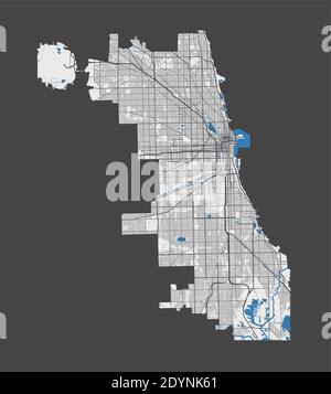 Carte de Chicago. Carte vectorielle détaillée de la zone administrative de la ville de Chicago. Affiche avec rues et eau sur fond gris. Illustration de Vecteur